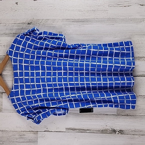Cure bright blue white windowpane blouse split v cuffed sleeve Size Large NEW - Picture 5 of 9